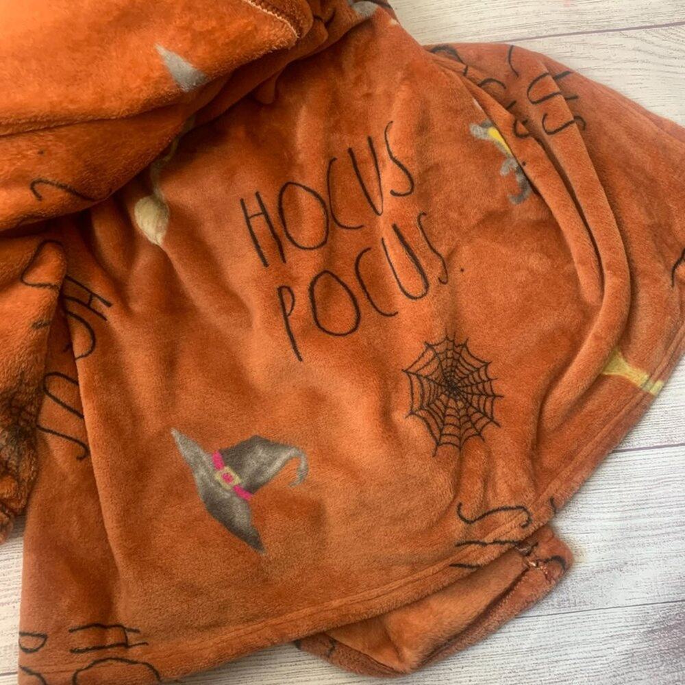 Rae Dunn Hocus Pocus Blanket Orange with Cauldron Broom Witch Hat Shoes 50x70"